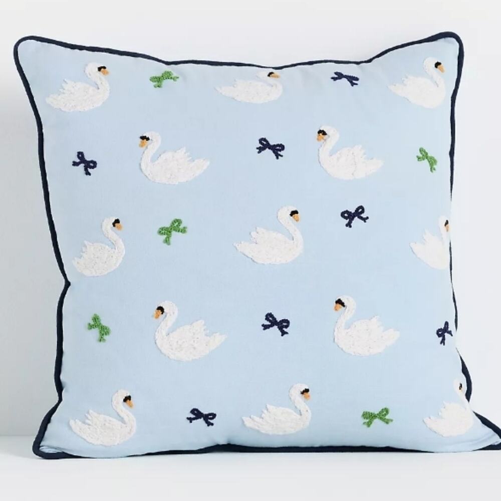 Anthropologie Pale Blue Swan Motif Decorative Pillow with Navy Piping